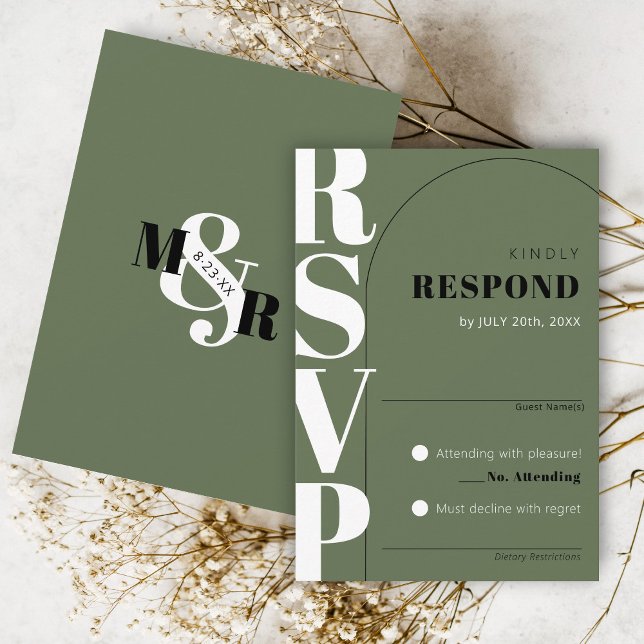 Tarjeta RSVP de moderna boda de arco y Ampersa ver (Classy arch matching olive green modern wedding invitation RSVP card ampersand monogram black white)