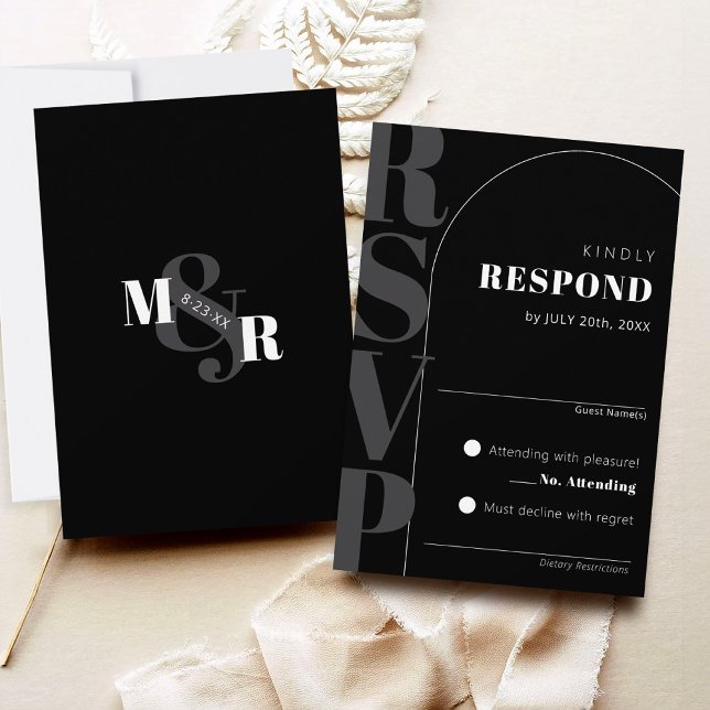 Tarjeta RSVP de moderna boda de Arco y Ampersores  (Classy black arch matching modern wedding invitation RSVP card, ampersand monogram Dk gray and white)