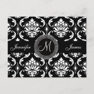 Tarjeta RSVP de Monograma de Damasco Blanco y Negr