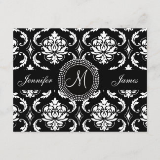 Tarjeta RSVP de Monograma de Damasco Blanco y Negr
