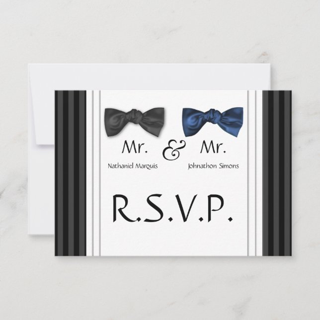Tarjeta RSVP de Mr. y Sr. Bow Ties & Pin Striped (Anverso)