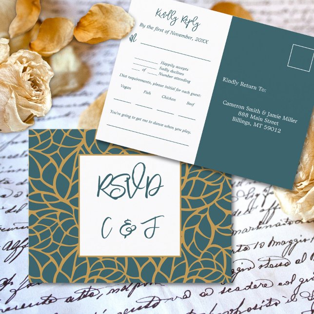 Tarjeta RSVP de música del menú del Boda del patró (Blue Foliage Pattern Wedding Menu Music RSVP Card)