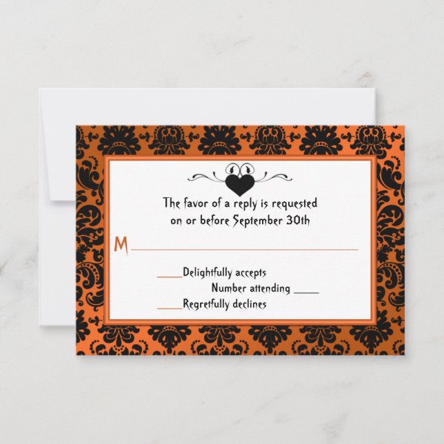 Tarjeta RSVP de Naranja gótico y Damask negro (Anverso)
