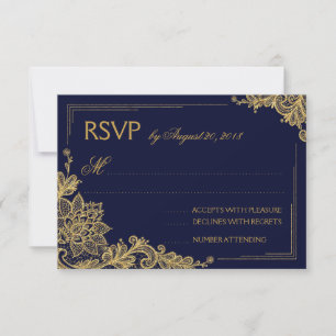Tarjeta RSVP de Navy and Gold Lace elegante