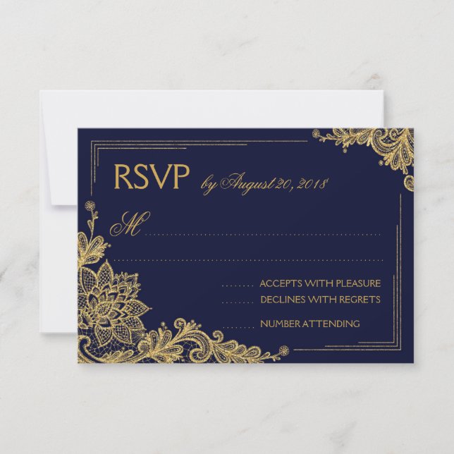 Tarjeta RSVP de Navy and Gold Lace elegante (Anverso)