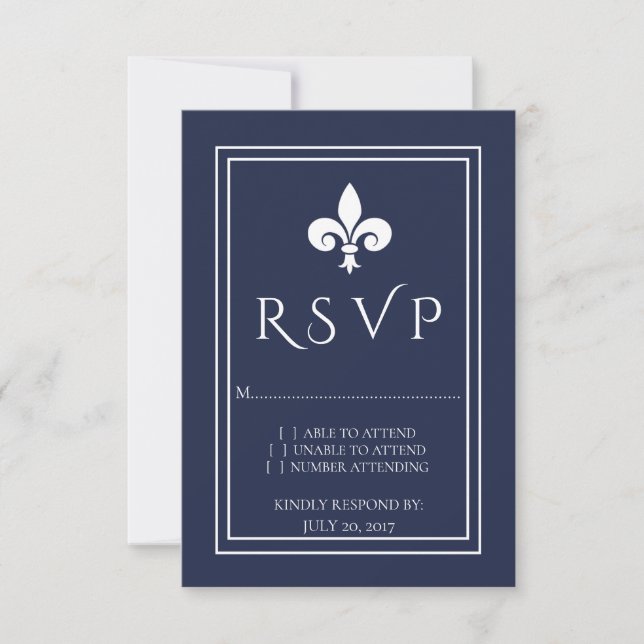 Tarjeta RSVP de Navy Fleur de Lis Wedding (Anverso)