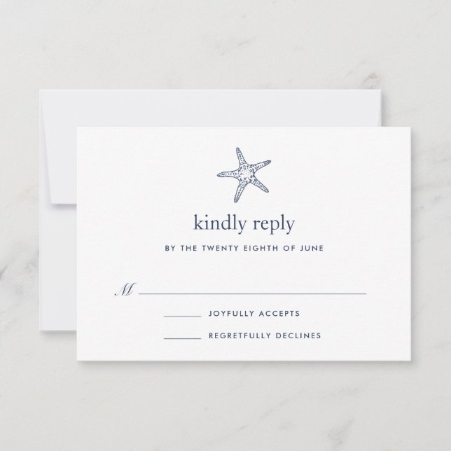 Tarjeta RSVP de Navy y Starfish Blanco (Anverso)