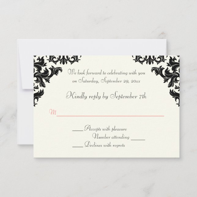 Tarjeta RSVP de negro, marfil y Coral Damask (Anverso)