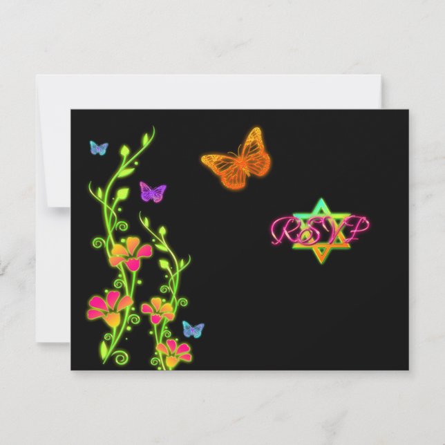 Tarjeta RSVP de Neon Buttterflies & Flowers Bat Mi (Anverso)