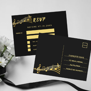 Tarjeta RSVP de notas de la música oro negro