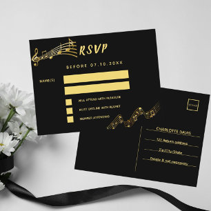 Tarjeta RSVP de notas de la música oro negro