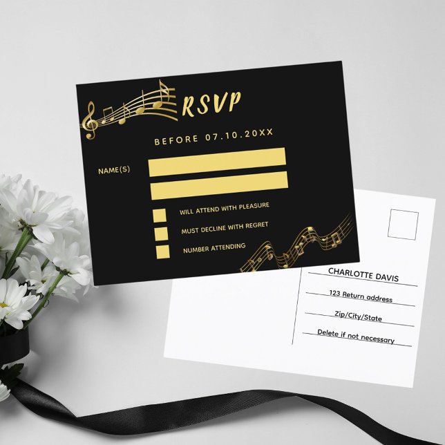Tarjeta RSVP de notas de la música oro negro (Subido por el creador)