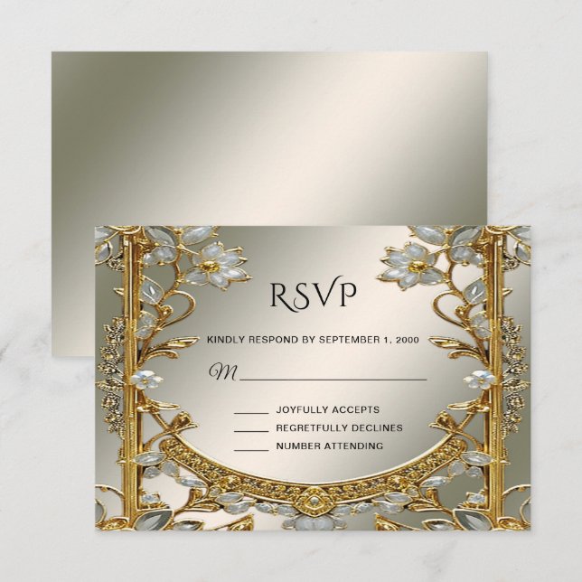 Tarjeta RSVP de Ornate Blanco Floral de Oro (Anverso / Reverso)