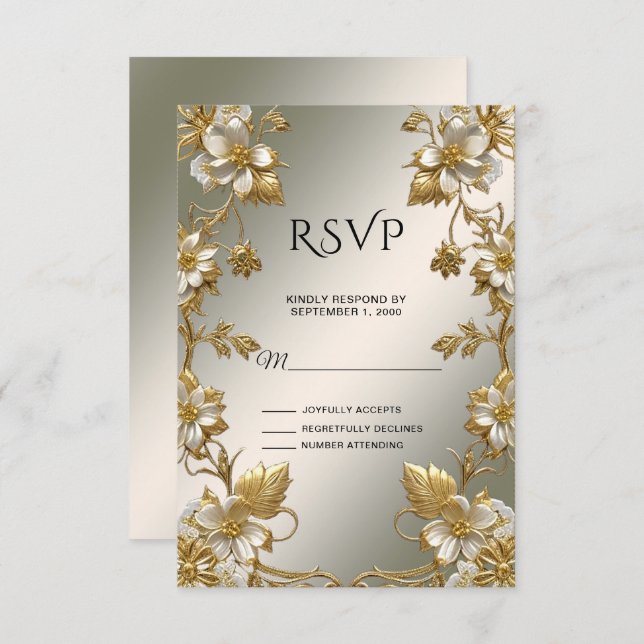 Tarjeta RSVP de Ornate de Oro Floral Blanco (Anverso / Reverso)