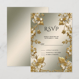 Tarjeta RSVP de Ornate de Oro Floral Blanco
