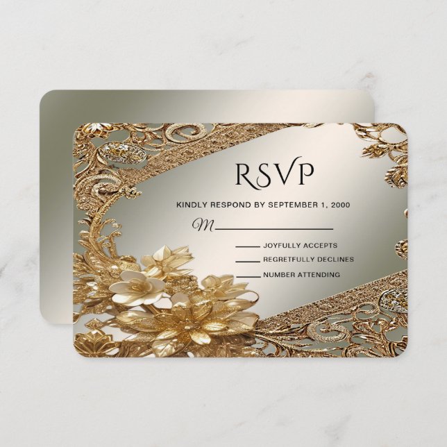 Tarjeta RSVP de Ornate Ornate de Oro Moderno (Anverso / Reverso)