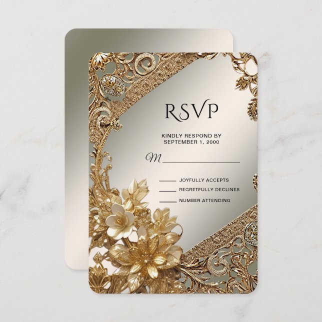 Tarjeta RSVP de Ornate Ornate de Oro Moderno (Anverso / Reverso)