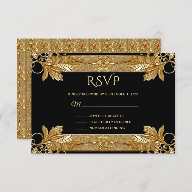 Tarjeta RSVP de Ornato Ornate Floral Gold (Anverso / Reverso)