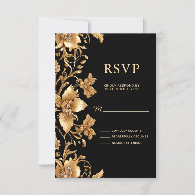 Tarjeta RSVP de Ornato Ornate Floral Gold (Anverso)