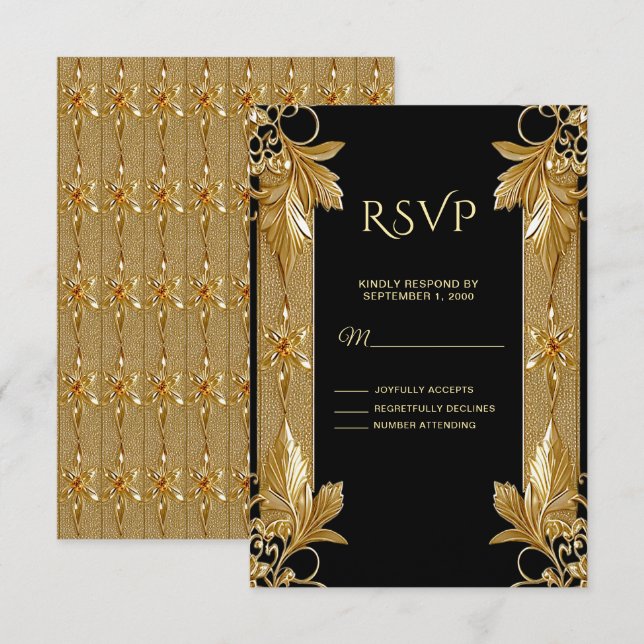 Tarjeta RSVP de Ornato Ornate Floral Gold (Anverso / Reverso)