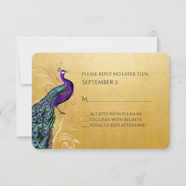 Tarjeta RSVP de Oro con Boda de Pavo Real (Anverso)