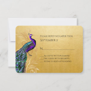 Tarjeta RSVP de Oro con Boda de Pavo Real