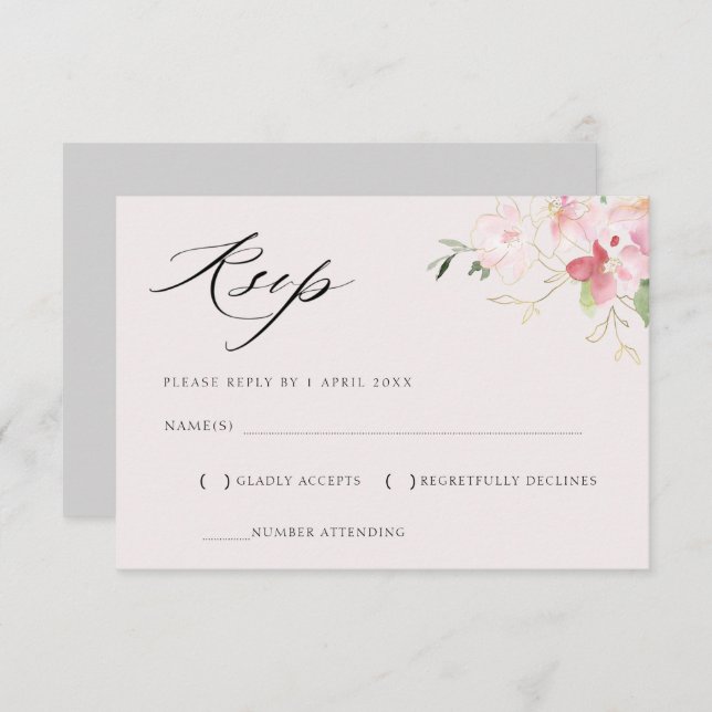 tarjeta RSVP de oro floral gris y rubor (Anverso / Reverso)