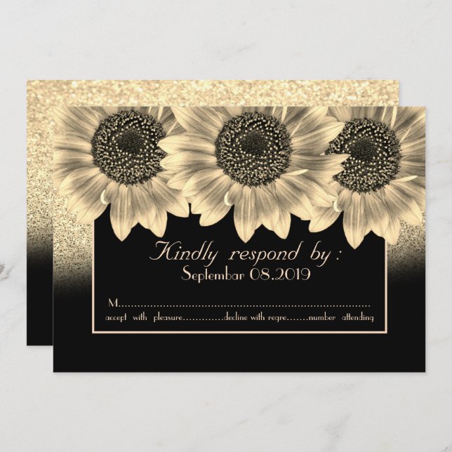 Tarjeta RSVP de oro, girasoles, Purpurina (Anverso / Reverso)