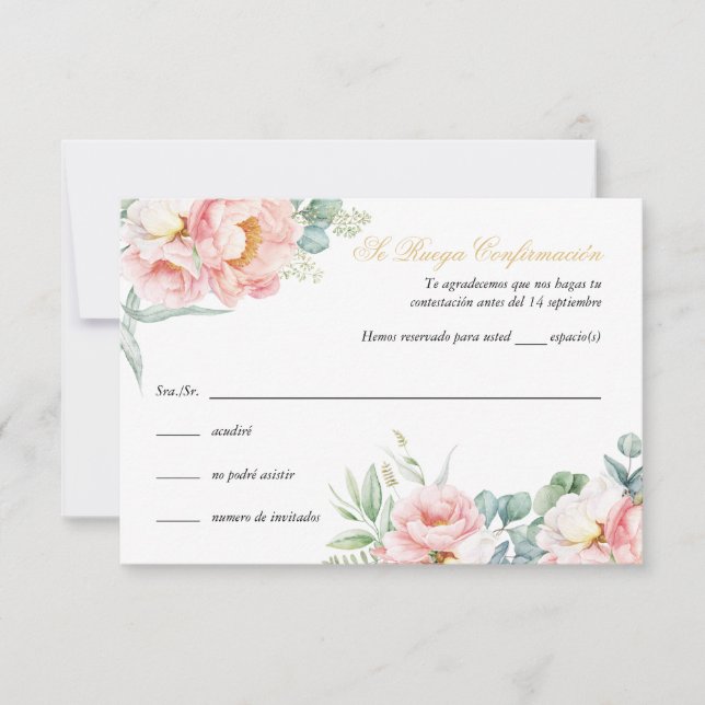Tarjeta RSVP de Oro Rosa Quinceañera en español (Anverso)