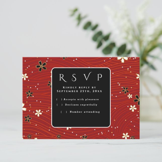 Tarjeta RSVP de papel rojo de Washi (Anverso de pie)