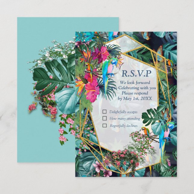Tarjeta RSVP de Paraíso y Aves de Flora Tropical (Anverso / Reverso)