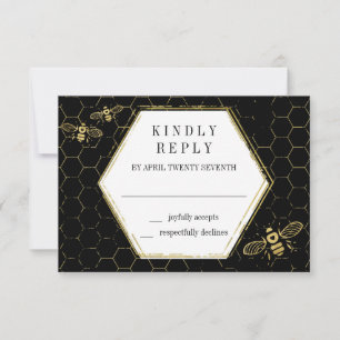 Tarjeta RSVP de Patrón de Oro Negro de Abeja