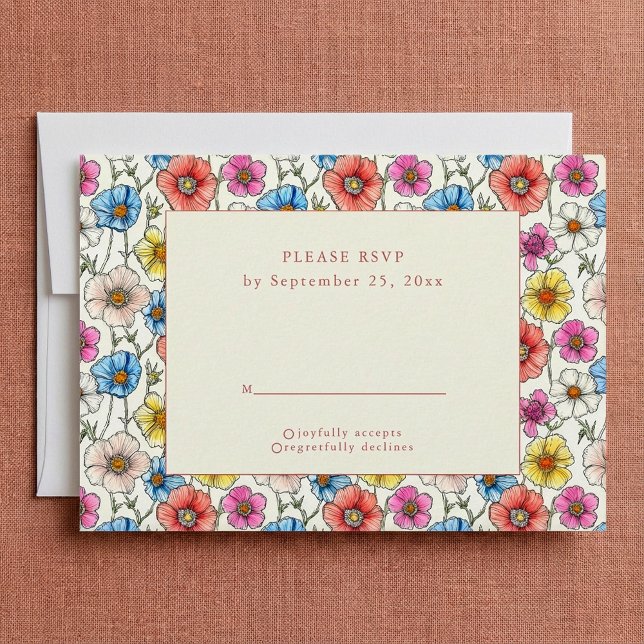 Tarjeta RSVP de patrones de flores silvestres bril (Bright wild flowers pattern RSVP card.)