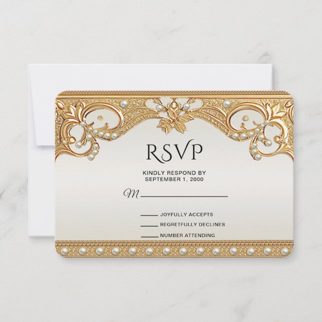 Tarjeta RSVP de Perlas Blancas Ornate Gold (Anverso)