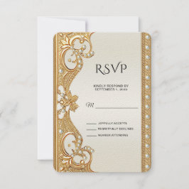 Tarjeta RSVP de Perlas Blancas Ornate Gold