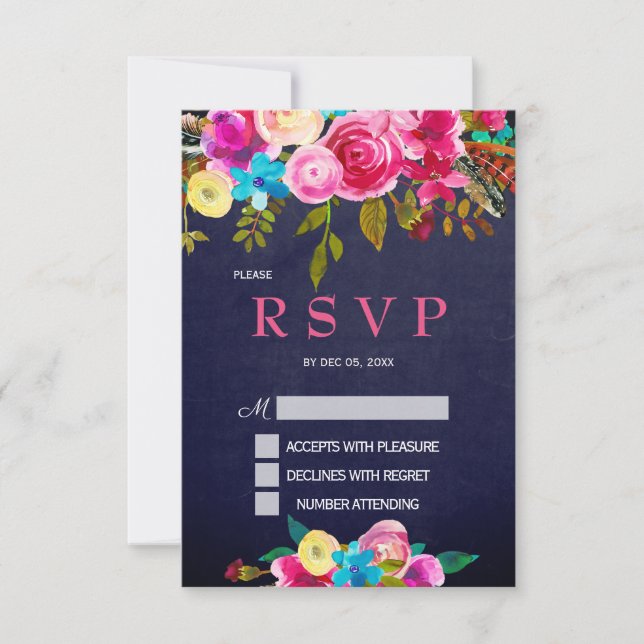 Tarjeta RSVP de pizarra azul de la Marina Floral R (Anverso)