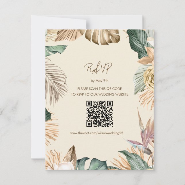 Tarjeta RSVP de playa de hojas tropicales con códi (Anverso)