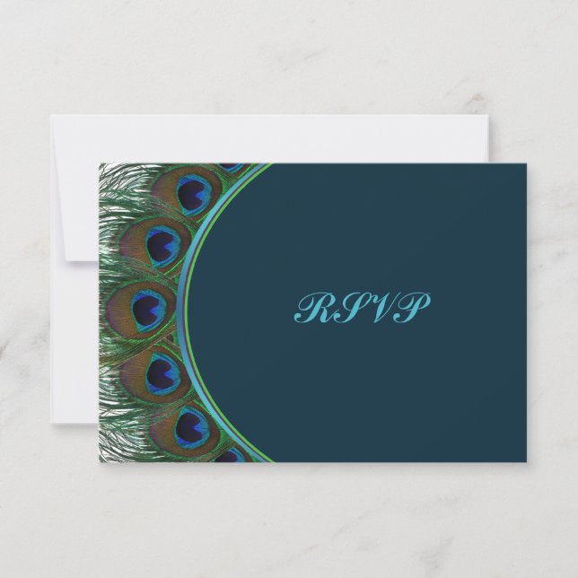 Tarjeta RSVP de plumas de pavo real doradas y azul (Anverso)