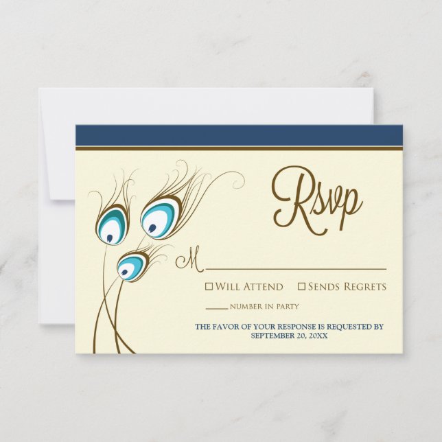 Tarjeta RSVP de plumas de pavo real {TBA} (marina) (Anverso)