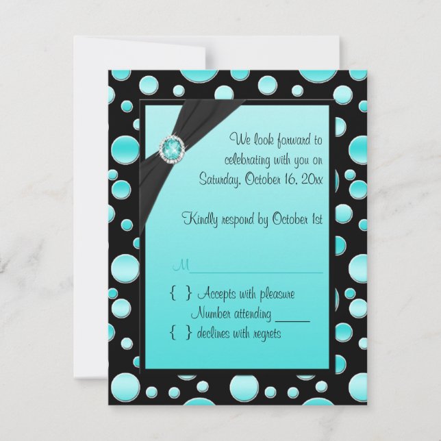 Tarjeta RSVP de Punto de Polka Negro y Aqua (Anverso)