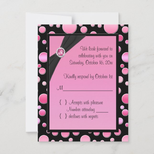 Tarjeta RSVP de Punto de Polka Rosa y Negro (Anverso)