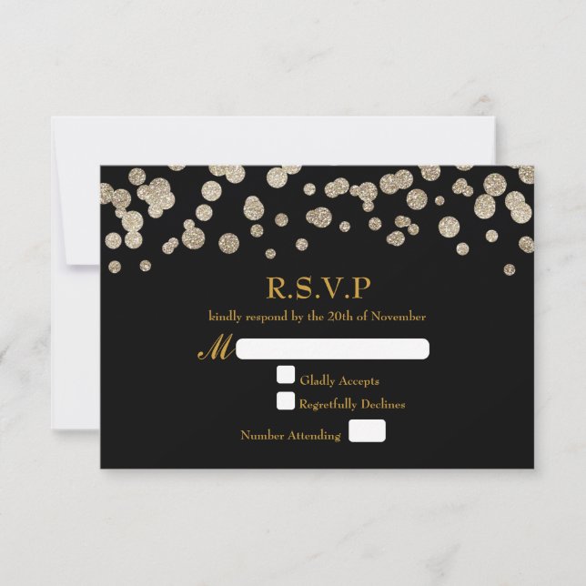 Tarjeta RSVP de Purpurina negro y dorado de boda m (Anverso)