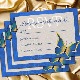 Tarjeta RSVP de Quinceañera azul, mariposa dorada