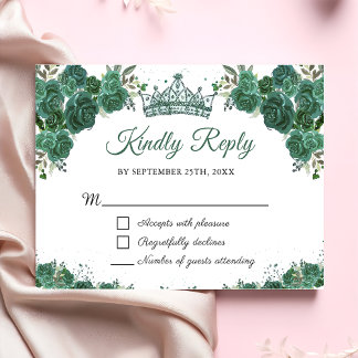Tarjeta RSVP de Quinceañera con flores verdes esme