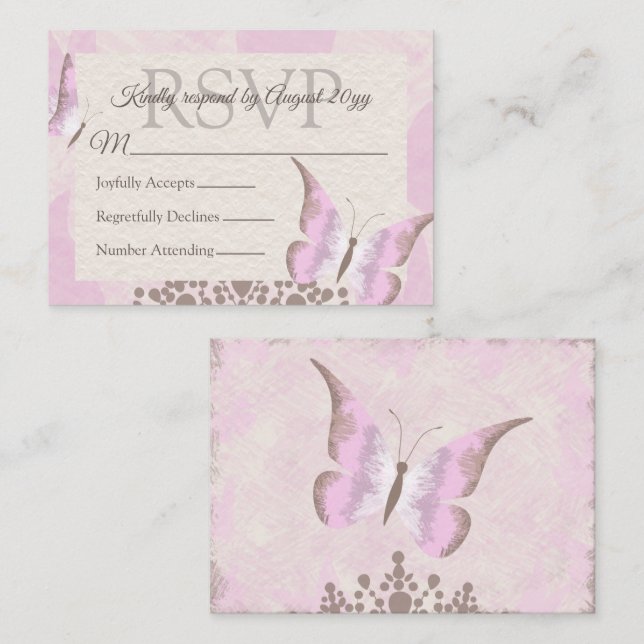 Tarjeta RSVP de Quinceañera de mariposa rosa y tur (Anverso / Reverso)