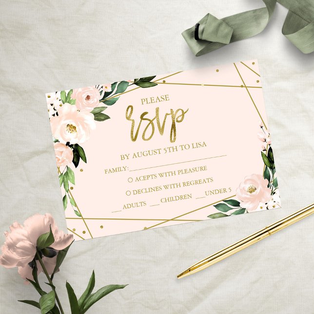 Tarjeta RSVP de Quinceanera floral de Rubor rosa (Subido por el creador)