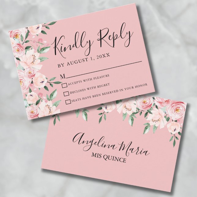 Tarjeta RSVP de Quinceanera floral rosa (Pink Floral Quinceanera RSVP Card)