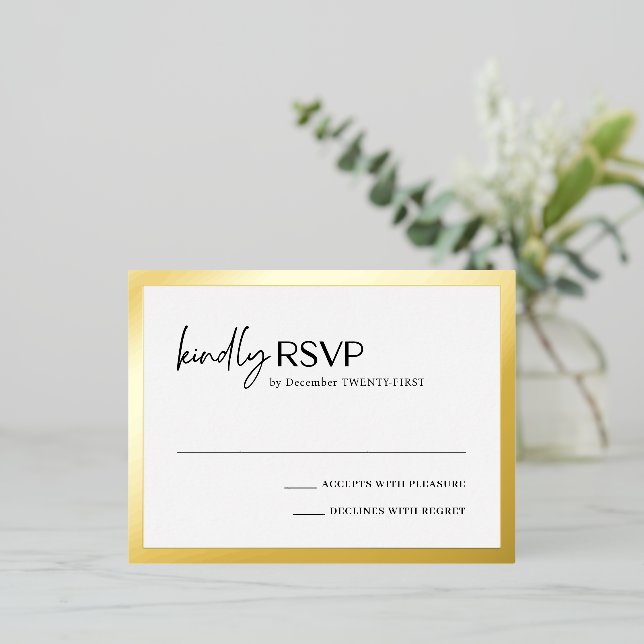 Tarjeta RSVP de Relieve metalizado Boda moderno de (Anverso de pie)