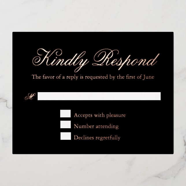 Tarjeta RSVP de Relieve metalizado de Boda formal  (Anverso)