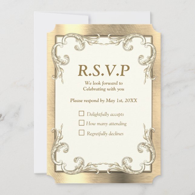 Tarjeta RSVP de Relieve metalizado-oro-plata-latón (Anverso)